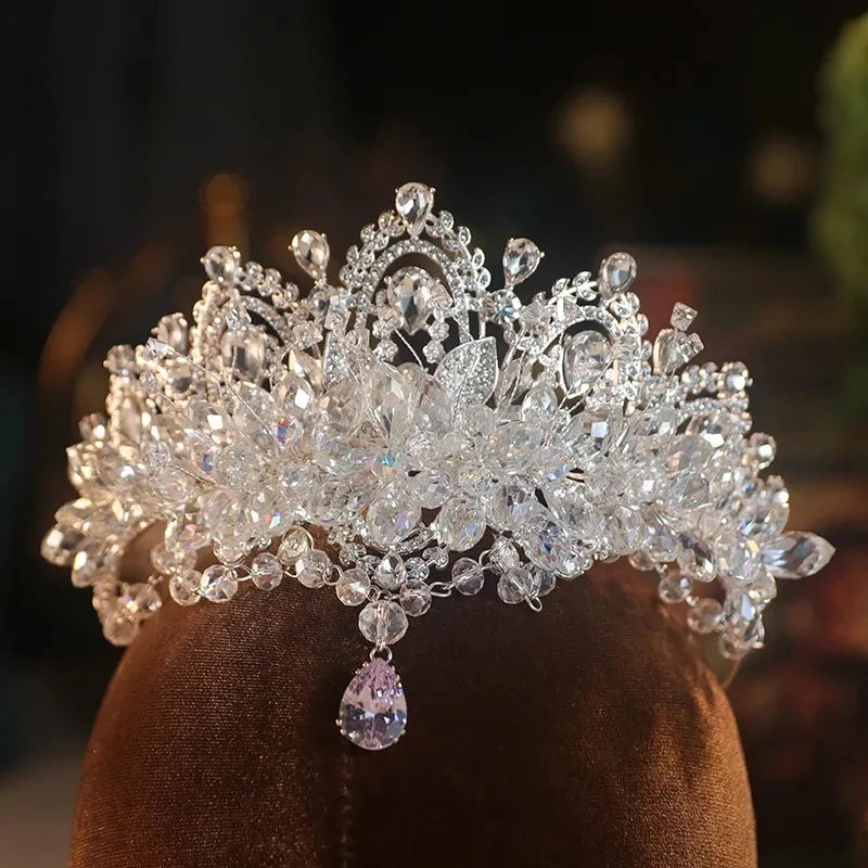 Baroque Luxury Crystal Beads Bridal Tiaras Cubic Zircon Crown Rhinestone Pageant Diadem Bride Headpiece Wedding Hair Accessories