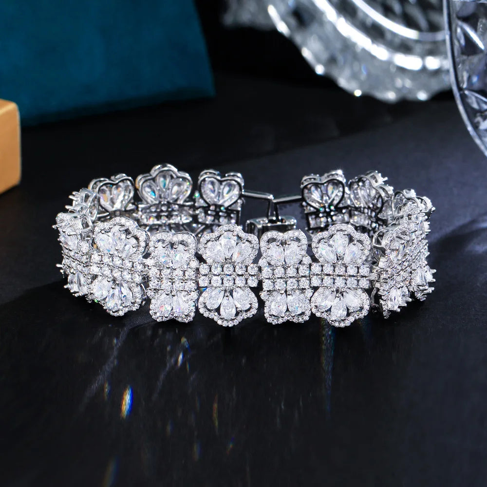 Super Luxury Flower Cluster Round Big White CZ Bracelets for Women Wedding Engagement Party Jewelry Accessories - EUFASHIONBAGS