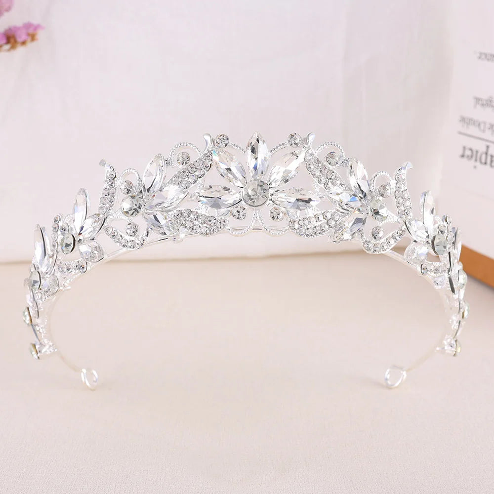 Baroque Opal Leaf Wedding Hair Tiara Crystal Bridal Tiara Crown Silver Color Diadem Veil Tiaras Bride Hair Accessories Headpiece - EUFASHIONBAGS