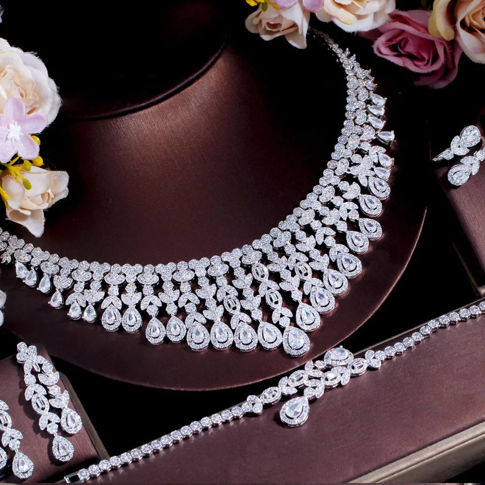 Super Luxury Tassel Leaf Drop Big Chunky Wedding Necklace Dubai White Gold Plated 4pcs Jewelry Sets for Brides T647 - EUFASHIONBAGS