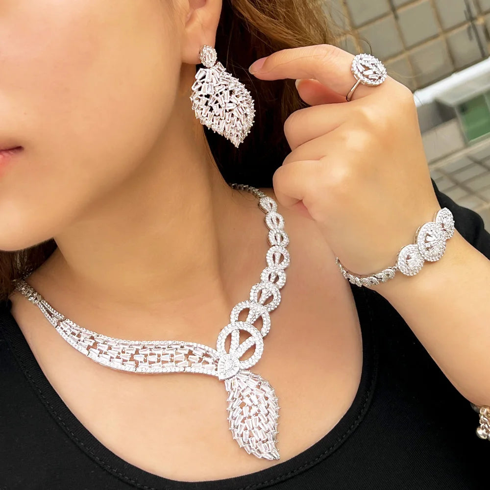 4pcs Dangle Drop Cubic Zircon White Gold Plated Big Nigerian Dubai Wedding Bridal Costume Jewelry Sets T650