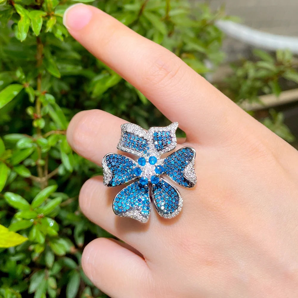 Two Tones Silver Plated Light Blue Cubic Zirconia Big Chunky 3D Geometric Flower Adjustable Party Ring for Women