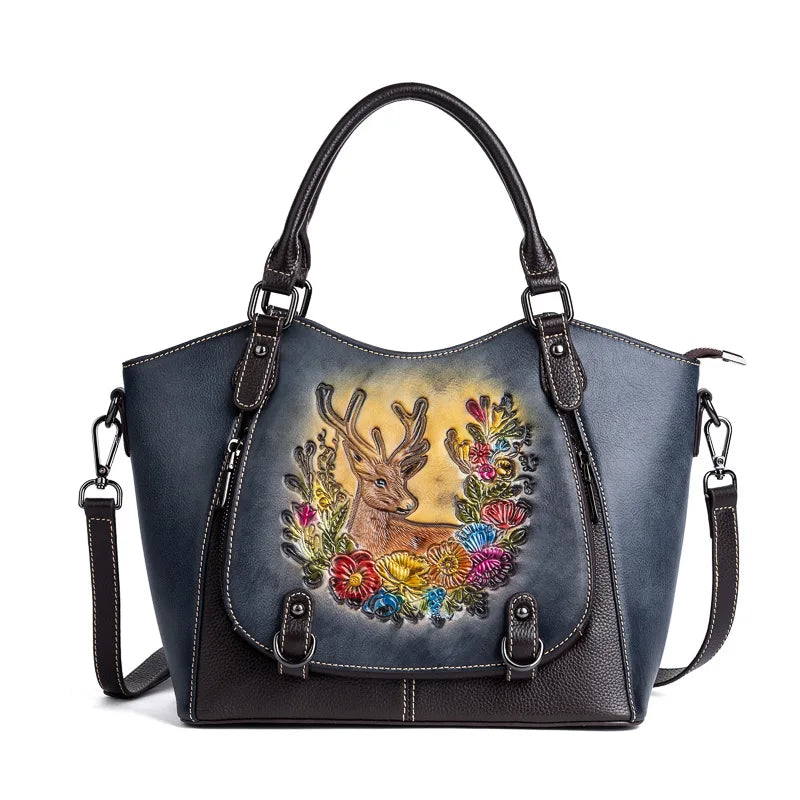 Cowhide Women's Tote Bag Vintage Deer Pattern Genuine Leather Shoulder Bags Luxury Designer High Quality Women Handbag