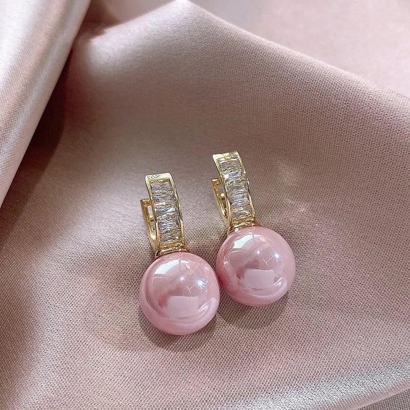 White/Pink Round Imitation Pearl Earrings for Women Gold Color Temperament Lady's Accessory Wedding Party Trendy Jewelry