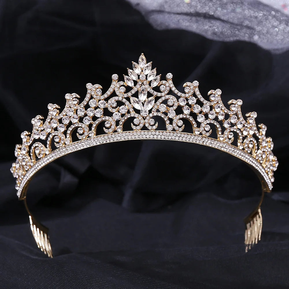 Baroque Korean Gold Color Crystal Crown Hair Accessories Luxury Rhinestone Tiara For Women Wedding Headdress Bridal Hair Jewelry