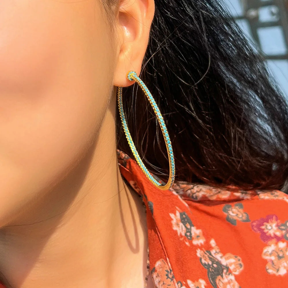 Extra Big Circle Round Blue Turquoise Stone Thin Hoop Earrings for Women New Fashion Engagement Jewelry Gift - EUFASHIONBAGS