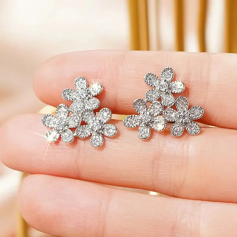 Beautiful Flowers Stud Earrings with Shiny Cubic Zirconia Graceful Exquisite Sweet Accessories Trendy Wedding Jewelry Hot - EUFASHIONBAGS