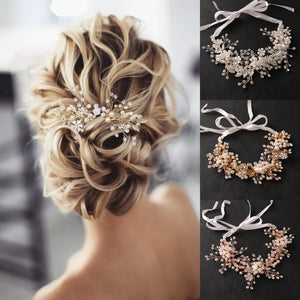 Crystal Pearl Leaf Flower Tiara Headband For Women Bride Rhinestone Bridal Wedding Hair Accessories Jewelry Ornament Vine Band