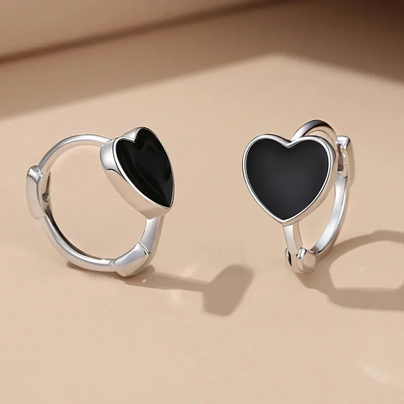 Trendy Black Heart Hoop Earrings for Women Simple Stylish Versatile Ear Accessories Delicate Low-key Modern Party Jewelry - EUFASHIONBAGS