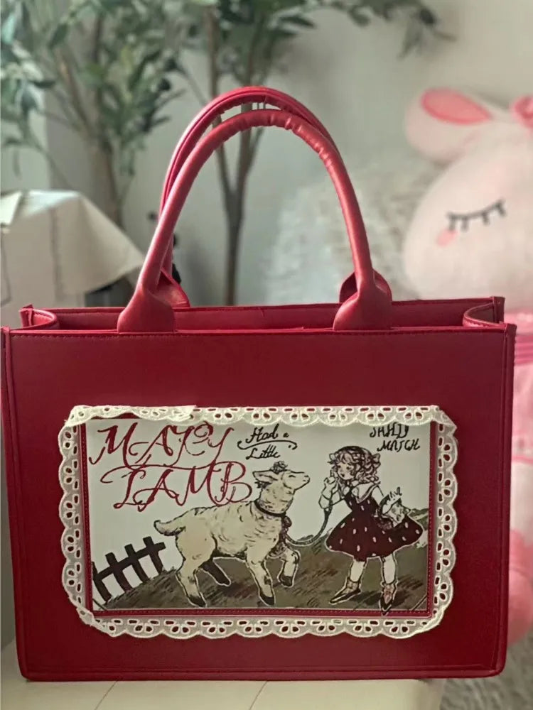 Lolita Red Tote Bag Women Gothic Vintage Large Capacity Y2k Hand Bag Ladies Sweet Cute Shoulder Bags Aesthetic - EUFASHIONBAGS