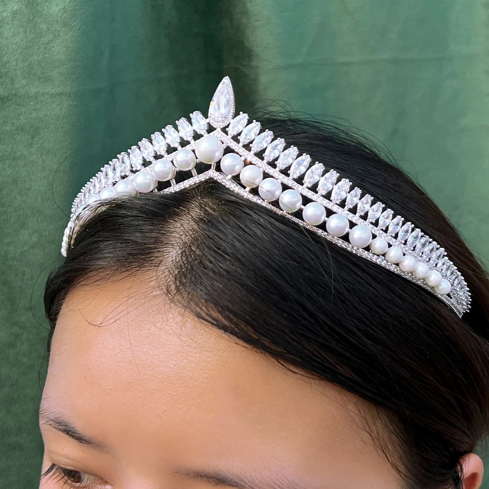 CZ Headdress Big Luxurious Bride Pearl Crown Tiara Party Wedding Costume Hair Accessories for Women - EUFASHIONBAGS