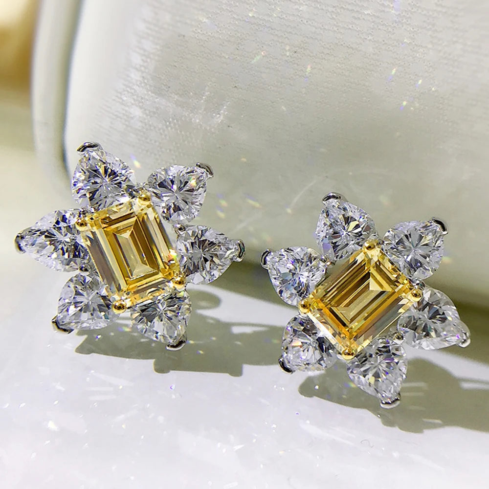 Bright Yellow Flower Shaped CZ Stud Earrings Woman for Engagement Wedding Accessories Fancy Anniversary Gift New Jewelry - EUFASHIONBAGS