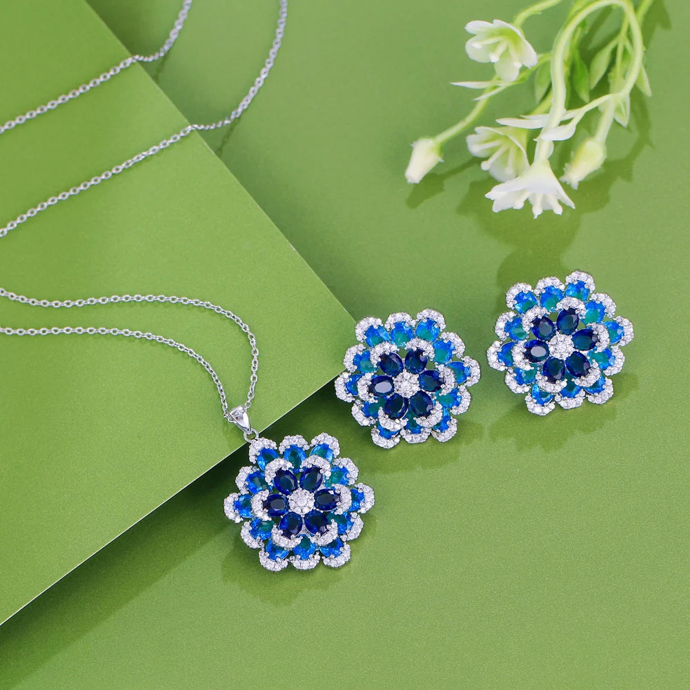 Art Deco Luxury Blue Cubic Zirconia Chunky Flower Shape Earrings And Pendant Necklace Women Party Jewelry Sets - EUFASHIONBAGS