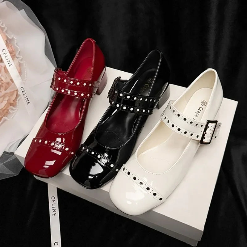 Patent Leather Chunky Mary Jane Shoes Women Square Toe Fashion High Heels Dress Shoes Belt Buckle Brand Designer Women Pumps