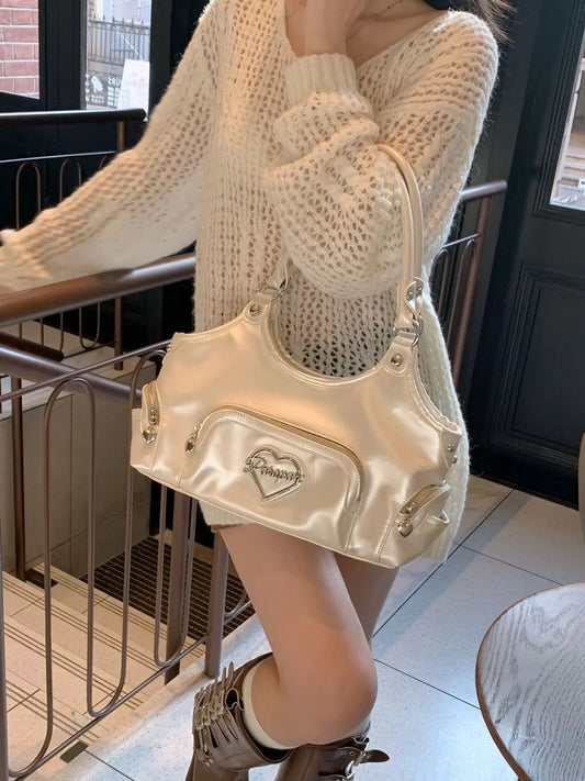 Fairycore Aesthetic Y2k Bag Women Hot Girls Versatile Chain Chic White Underarm Bag Purse Sweet Handbag - EUFASHIONBAGS