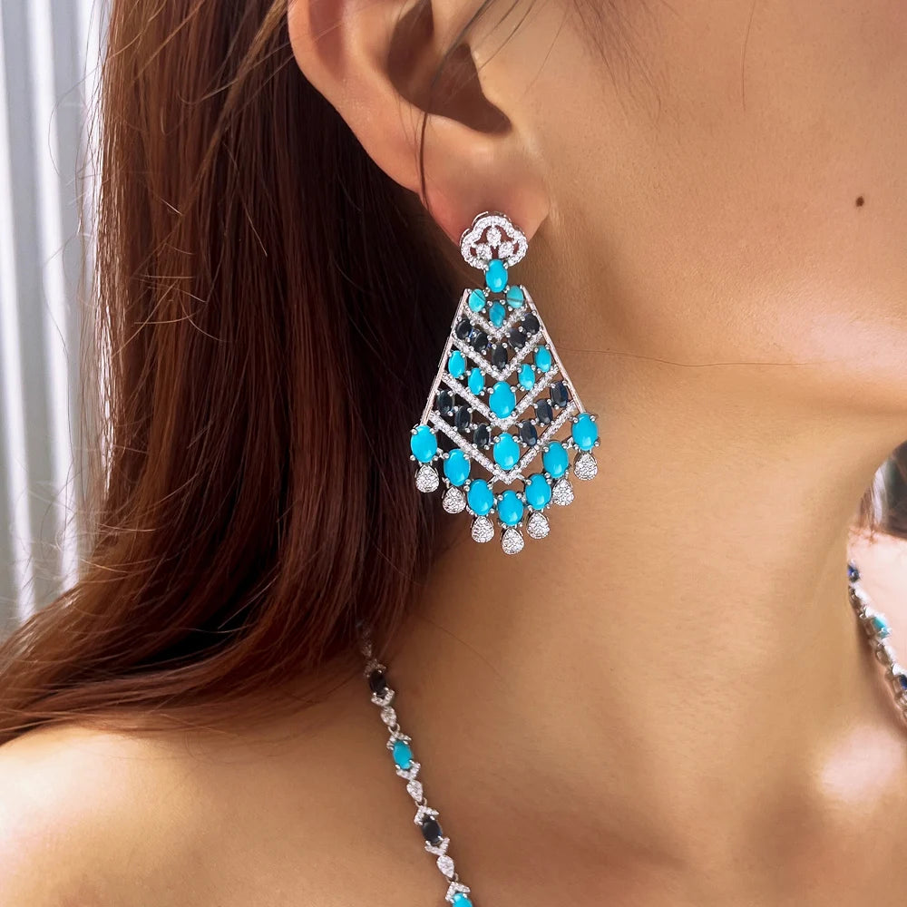 Luxury Chunky Blue Turquoise and White Cubic Zirconia Dangle Tassel Drop Long Party Wedding Earrings for Women - EUFASHIONBAGS