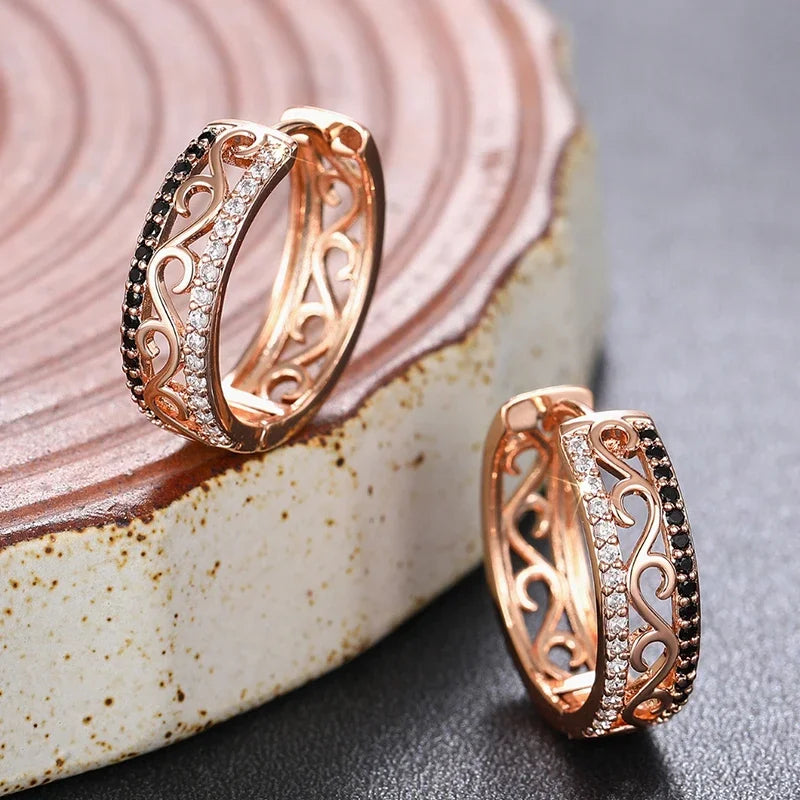 White/Black CZ Rose Gold Color Hoop Earrings for Women Hollow Out Pattern Aesthetic Female Earrings Wedding Trend Jewelry - EUFASHIONBAGS