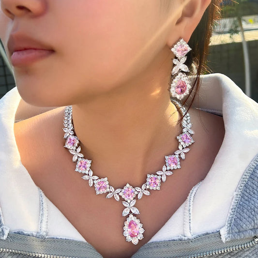 Luxury Super Gorgeous Leaf Drop Pink Cubic Zirconia Wedding Bridal Necklace Earrings Top Jewelry Sets for Brides - EUFASHIONBAGS