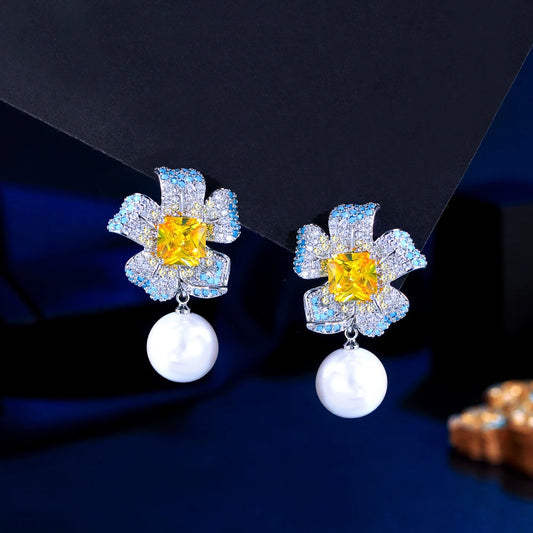 Blue Turquoise and Cubic Zirconia Geometric Flower Long Dangle Drop Pearl Festival Party Wedding Earrings Women - EUFASHIONBAGS