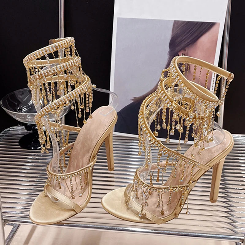 Women Wedding Banquet Shoes Fashion Crystal Tassel Twining Stiletto Sandals Sexy Open Toe Stripper Heels Golden