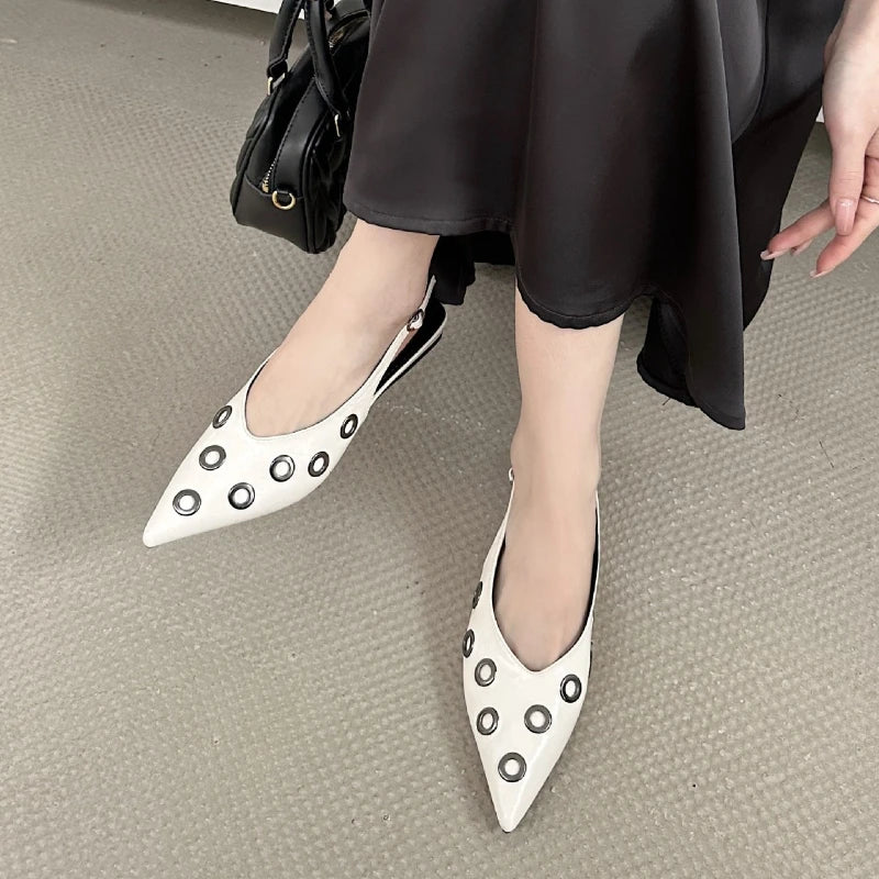 Metal Decoration Design Flat Mules Sandals Women Fashion Pointed Toe Dress Shoes Shallow Comfort Slingbacks Footwear Ladies