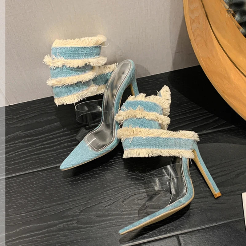 2025 New Denim Ankle Snake Surround Strap Sandal Women Transparent PVC Summer High Heels Party Stripper Shoes Pumps - EUFASHIONBAGS