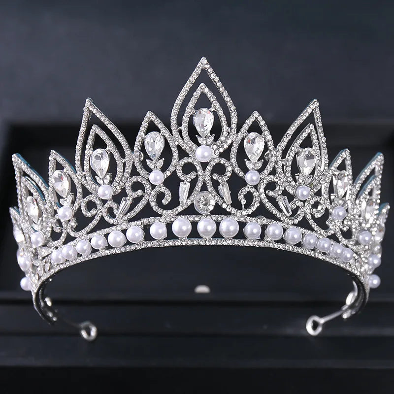 Luxury Silver Color Crystal Pearls Bridal Tiaras Crown Baroque Rhinestone Pageant Diadem Bride Headband Wedding Hair Accessories - EUFASHIONBAGS