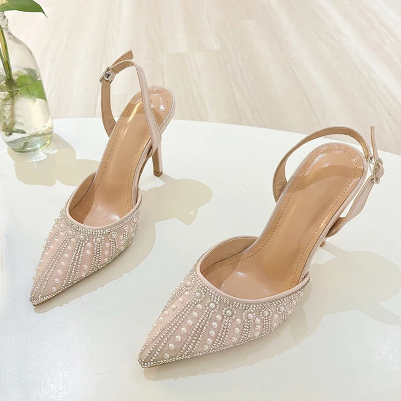 Fashion Design Crystal Pearl Pointed Toe Slingback Heels Wedding Party Shoes Fashion Back Buckle Strap Women Pumps - EUFASHIONBAGS