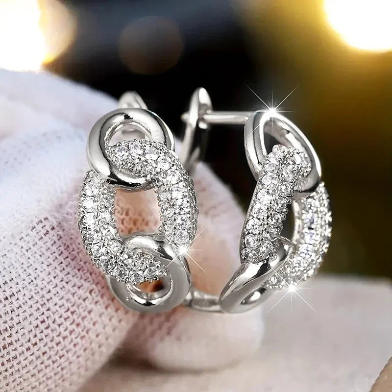 Trendy Chain Link Design Hoop Earrings Dazzling Cubic Zirconia Piercing Accessories Women Charms Delicate Wedding Jewelry - EUFASHIONBAGS