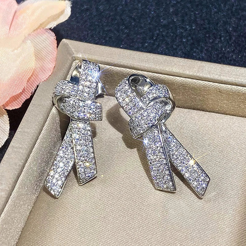 Bow Shaped Stud Earrings for Women Silver Color Sparkling Crystal Cubic Zirconia Temperament Accessories Female Jewelry - EUFASHIONBAGS