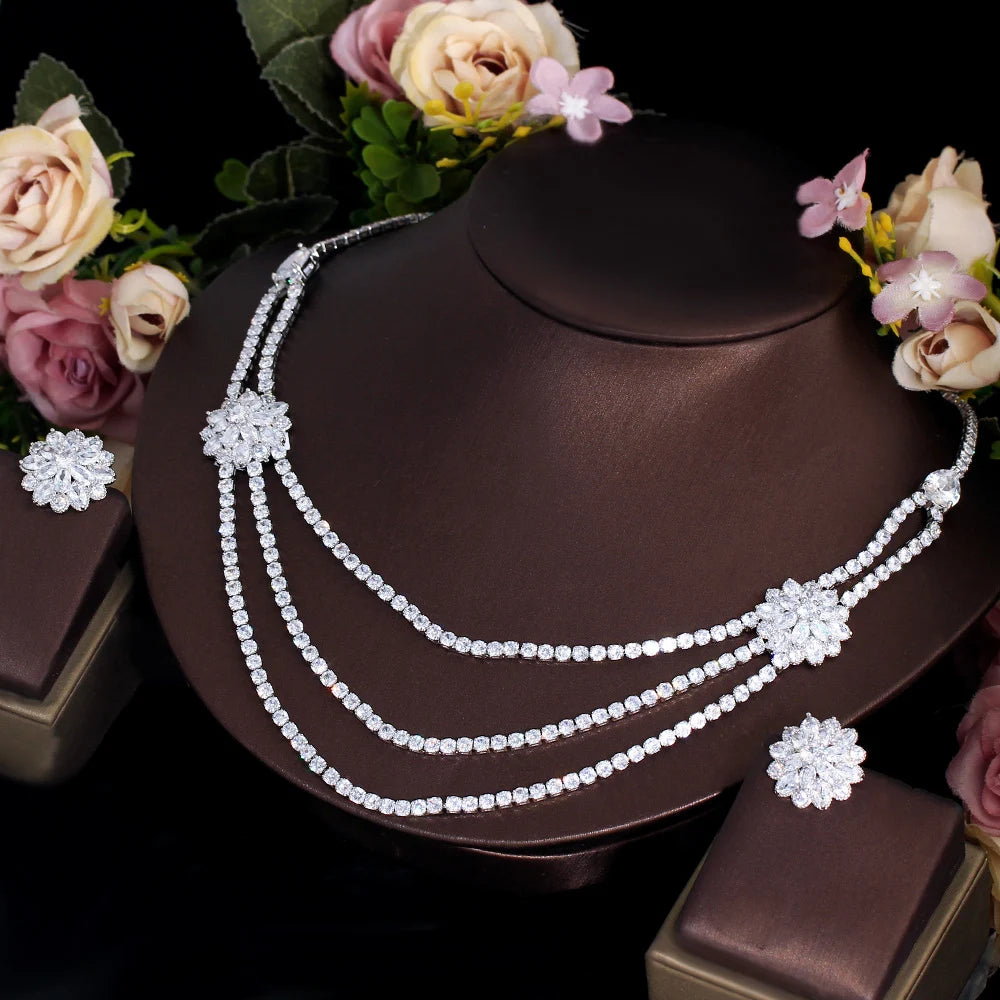 White Cubic Zirconia Big Flower Multi Layered Necklace Wedding Party Costume Jewelry Sets for Brides - EUFASHIONBAGS