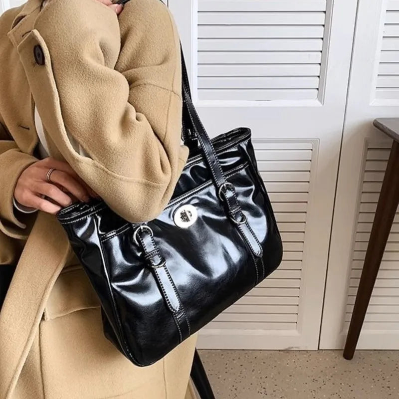 Large Black Tote Bag Women High Street Pu Leather Chic Casual Handbag Female Vintage Shoulder Bags Bolso Mujer - EUFASHIONBAGS