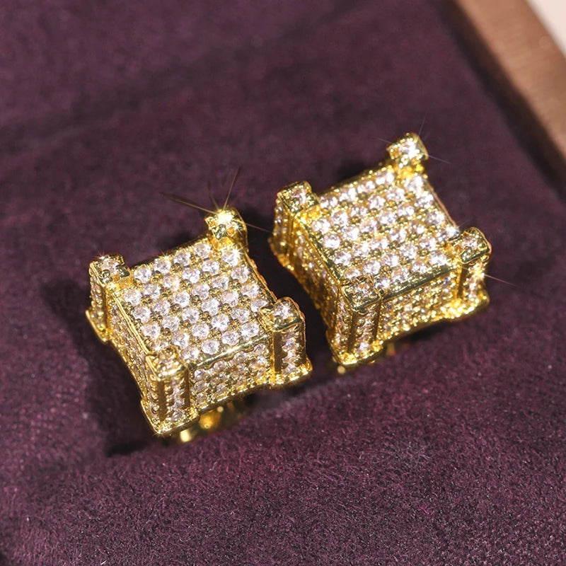 Geometric Square Shaped Stud Earrings Full Paved CZ Bling Bling Ear Stud for Women Daily Wear Temperament Luxury Jewelry - EUFASHIONBAGS