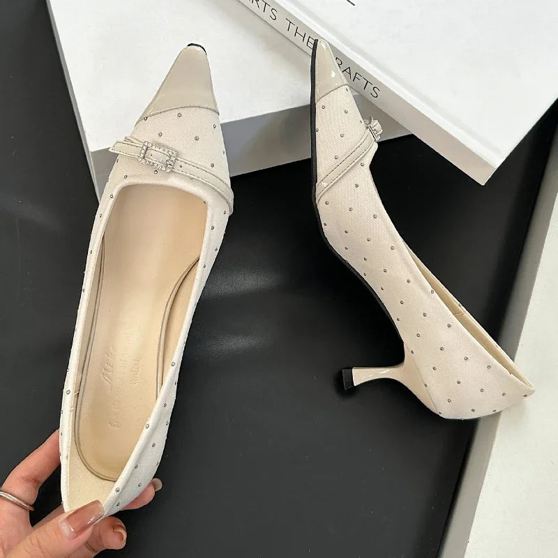 Designer Pointed Toe Low Heel Women Shoes Belt Buckle Elegant Office Thin High Heels Female Shallow Pumps Women Zapatos De Mujer