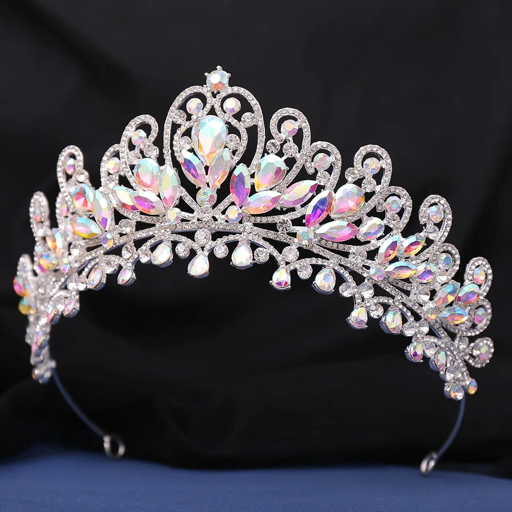 Luxury AB Color Crystal Pearls Royal Queen Wedding Crown Water Drop Bridal Diadem Pageant Headdress Bride Tiara Hair Accessories - EUFASHIONBAGS