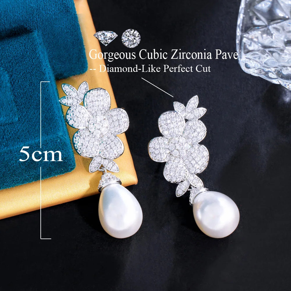 Micro Paved White Cubic Zirconia Flower Long Dangle Drop Pearl Earrings for Women Engagement Wedding Jewelry - EUFASHIONBAGS