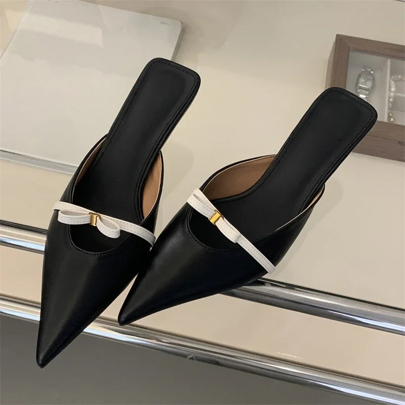 Butterfly-knot Pointed Toe Mules Slippers Woman Fashion Elegant Low Heel Summer Slides Female Concise High Heeled Sandals Women