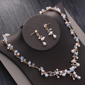 Noble Crystal Beads Pearl Bridal Jewelry Sets Rhinestone Pageant Diadem Tiaras Necklace Earrings Crown Wedding Dubai Jewelry Set