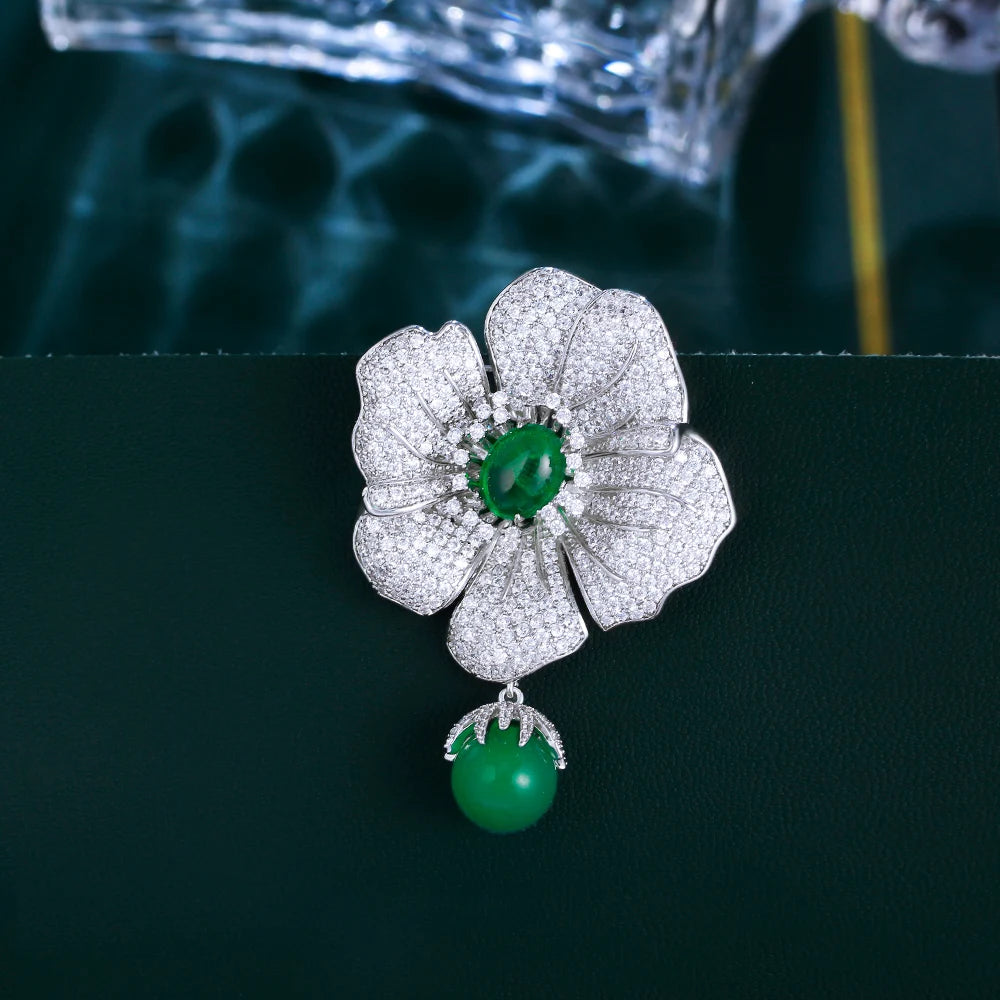 Super Luxury Cubic Zirconia Dangle Drop Green Bead Big Leaf Flower Brooches for Women Festive Party Jewelry - EUFASHIONBAGS