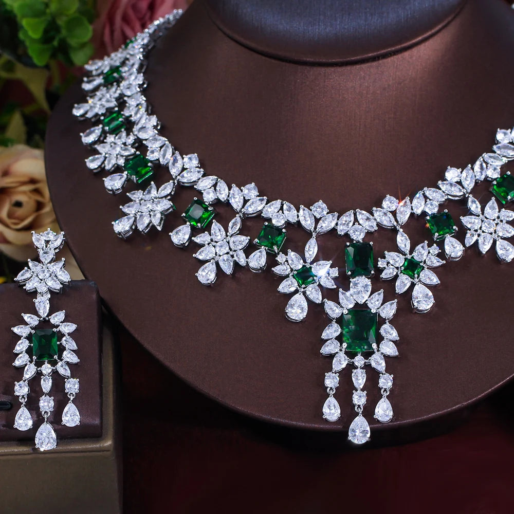 Luxury Dangle Tassel Drop Cubic Zirconia Green Wedding Decor Party Big Necklace Bridal Jewelry Sets for Women - EUFASHIONBAGS