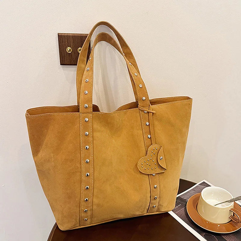 Nubuck Leather Tote Bags Lady Shoulder Bag for Women Winter New Fashion Retro Rivent Handbags and Purses - EUFASHIONBAGS