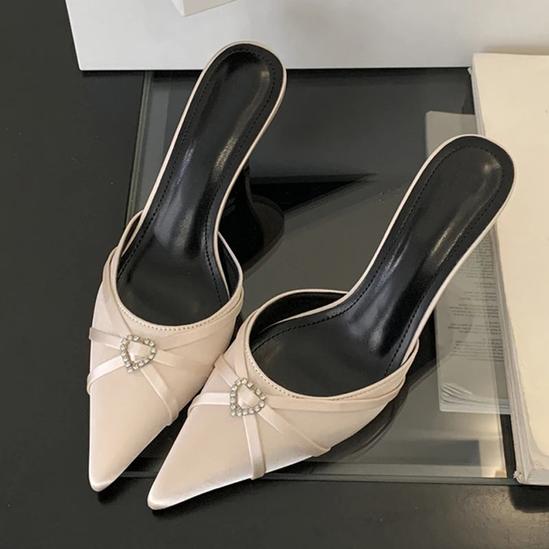 Fashion Crystal Buckle Women Pumps Slippers Elegant Pointed Toe Slip On Ladies Mules Thin Low Heels Dress Sandal Shoes - EUFASHIONBAGS