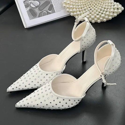 New 2025 Pointed Toe Thin High Heels Women Rhinestones Ankle Strap Dress Shoes Hollow Elegant Designer Sandals Ladies Pumps