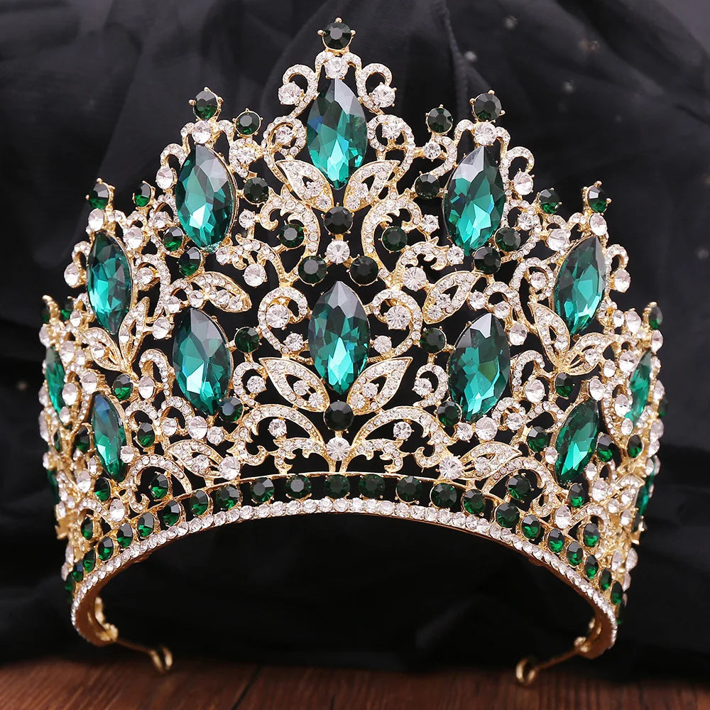 Green Crystal Tiara Round Crown 14cm Height Bridal Headwear Pageant Headdress Party Elegant Diadem Wedding Hair jewelry - EUFASHIONBAGS