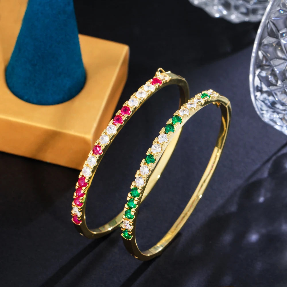 Classic Bling Round Cubic Zirconia Pave Gold Plated Green Tennis Bangle for Women Trendy Jewelry Accessories - EUFASHIONBAGS