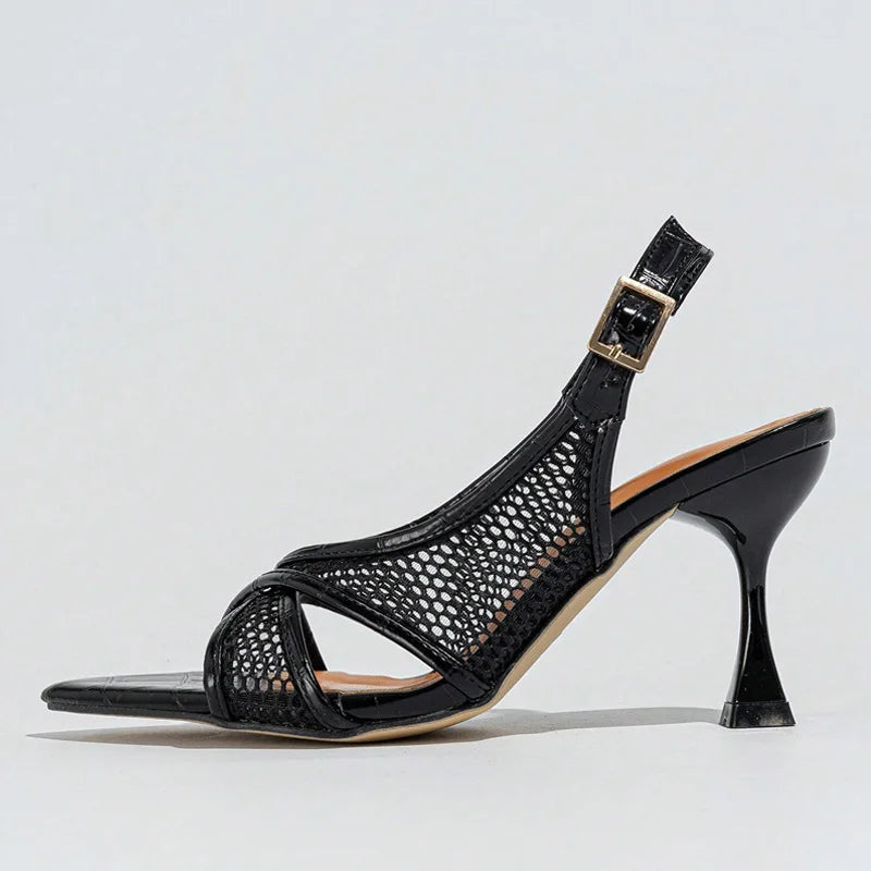 Black Women Designer Mesh Pointed Open Toe Slingback Sandals Beach Casual Gladiator High Heels Back Buckle Strap Shoes