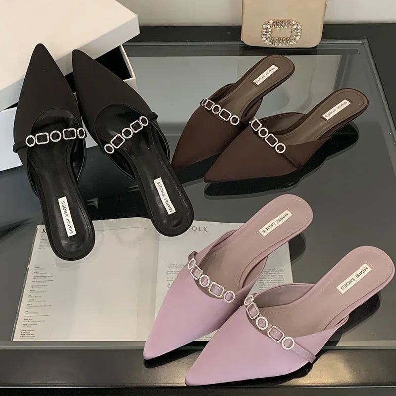 Summer 2025 Luxury Fashion Rhinestones Ladies Heeled Slippers Sandals Shoes Female Low Heel Slides Fashion Footwear Women Mules