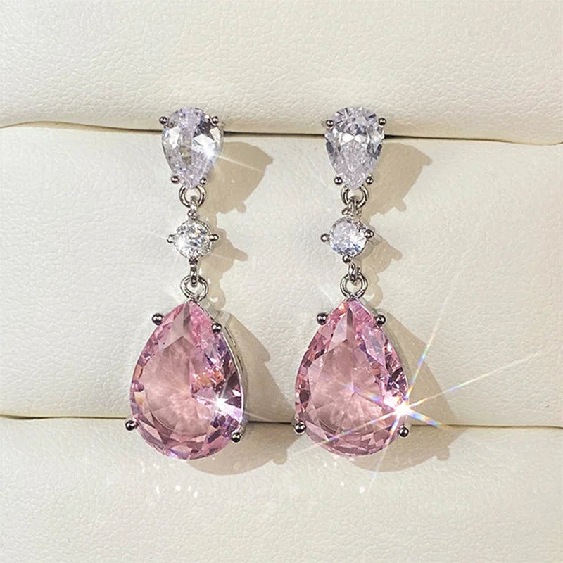 Temperament Sweet Pink Pear Cubic Zirconia Drop Earrings Women Engagement Party Exquisite Ear Accessories Fashion Jewelry