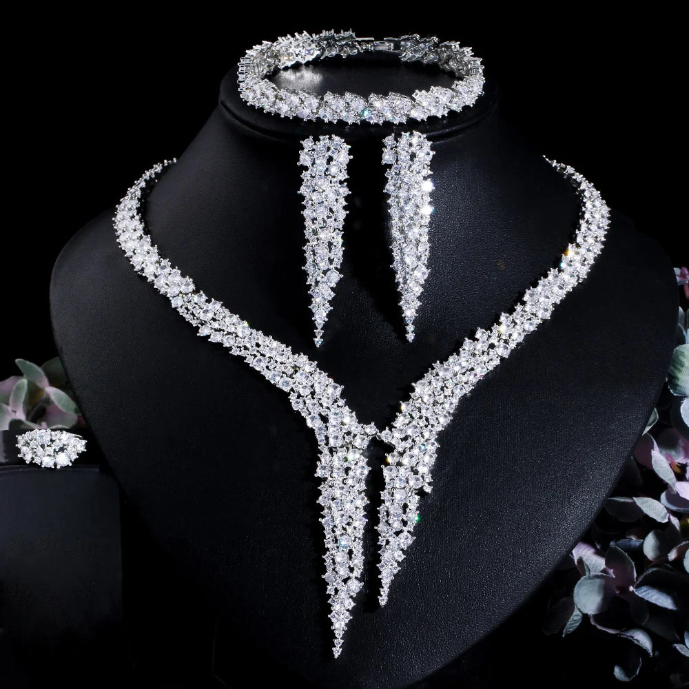 4Pcs Brilliant Dubai CZ Heave Stone Work Big Luxury Dinner Party Wedding Bridal Costume Jewelry Sets for Women