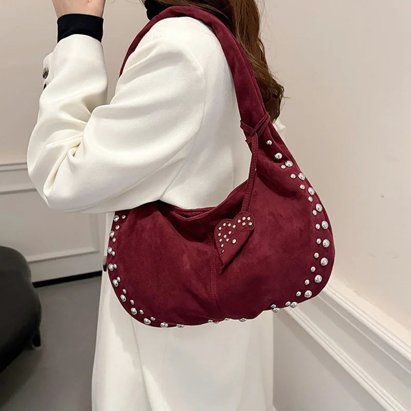 Women's Shoulder Bag European and American Style Rivet Handbag Suede Retro Half Moon Soft Armpit Bag - EUFASHIONBAGS